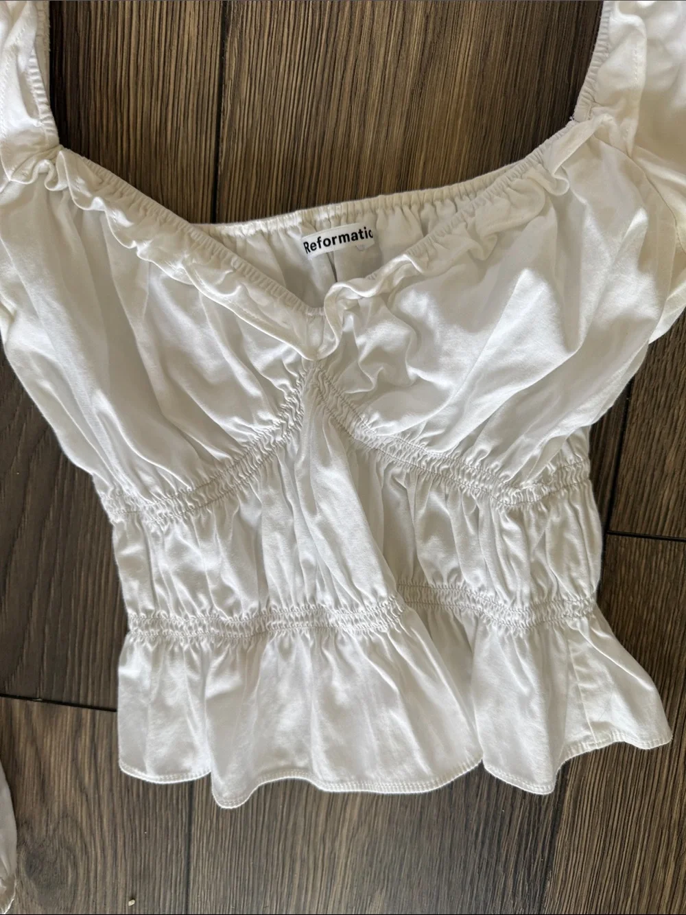 REFORMATION WHITE RUCHED PUFF SLEEVE TOP SIZE S